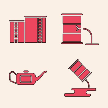 Varil yağı sızıntısı, petrol sanayi fabrikası, varil yağı sızıntısı ve motor yağı ikonu için teneke kutu ayarlayın. Vektör.