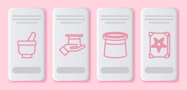 Sihirli havan topu ve tokmak, sihirbaz şapkası, sihirbaz şapkası ve Eskiler 'in sihirli kitabı. Beyaz dikdörtgen düğme. Vektör.