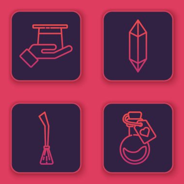 Sihirbaz şapkası elinde, cadı süpürgesi, sihirli taş ve aşk iksiri şişesi. Mavi kare düğme. Vektör.