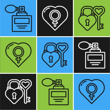 Parfüm, Kale ve anahtar kalp şeklinde ve kalp ikonunda kadın cinsiyeti. Vektör.