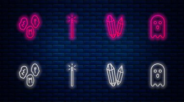 Sihirli değnek, taş, rünler ve Hayalet. Tuğla duvarda parlayan neon simgesi. Vektör.