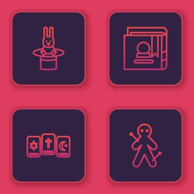 Sihirbaz şapkası ve tavşan, üç tarot kartı, Antik büyü kitabı ve Voodoo bebeği. Mavi kare düğme. Vektör.