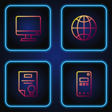 Hat cep telefonu, sertifika şablonu, bilgisayar monitörü ekranı ve sosyal ağı ayarla. Renk simgeleri. Vektör.