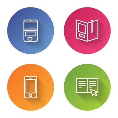 Çevrimiçi dizüstü bilgisayar, Açık kitap, cep telefonu ve çevrimiçi olarak ayarla. Renkli daire düğmesi. Vektör.