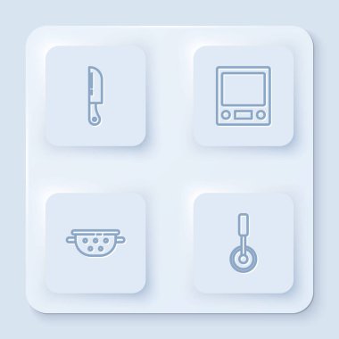 Sıralı bıçak, elektronik teraziler, mutfak süzgeci ve pizza bıçağı. Beyaz kare düğme. Vektör.