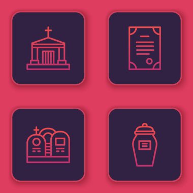 Eski mezar odası, mezar taşı, ölüm sertifikası ve cenaze vazosu. Mavi kare düğme. Vektör.