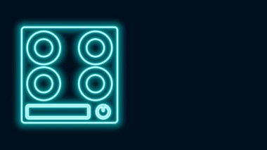 Parlayan neon hattı gaz sobası simgesi siyah arkaplanda izole edildi. Mutfak tabelaları. Dört daire ocağı olan bir hob. 4K Video hareketli grafik canlandırması