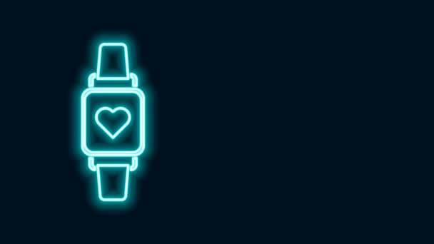 Glödande neon line Smart klocka visar pulsikonen isolerad på svart bakgrund. Fitness App koncept. 4K Video motion grafisk animation — Stockvideo