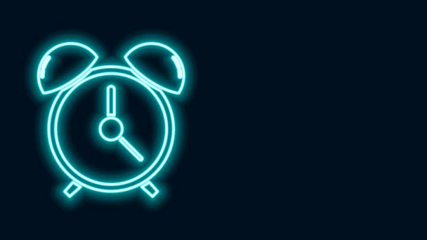Világító neon vonal Ébresztőóra ikon elszigetelt fekete háttérrel. Ébredj, kelj fel! Idő jel. 4K Videó mozgás grafikus animáció — Stock videók