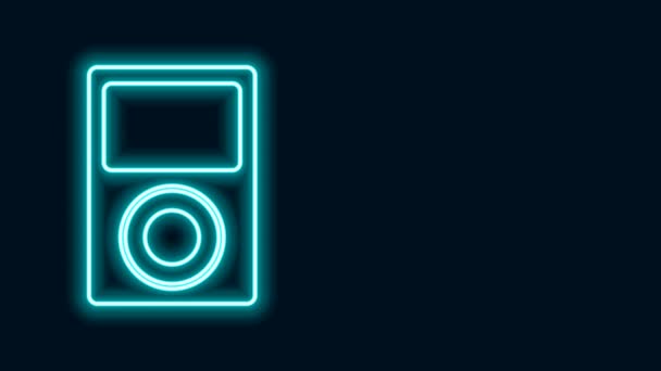 Светящаяся неоновая линия Значок музыкального проигрывателя выделен на черном фоне. Портативное музыкальное устройство. Видеографическая анимация 4K — стоковое видео