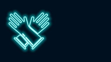 Parlayan neon çizgisi lastik eldiven ikonu siyah arka planda izole edildi. Lateks el koruması işareti. Ev işi temizlik ekipmanları sembolü. 4K Video hareketli grafik canlandırması