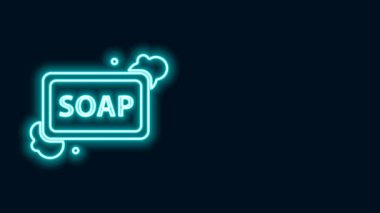 Siyah zemin üzerinde köpük simgesi olan parlak neon çizgili sabun çubuğu. Köpüklü sabun çubuğu. 4K Video hareketli grafik canlandırması