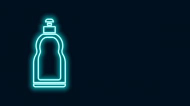 Parlak neon hattı. Sıvı çamaşır deterjanı, çamaşır suyu, bulaşık deterjanı ya da siyah arka planda izole edilmiş başka bir temizlik maddesi için plastik şişe. 4K Video hareketli grafik canlandırması