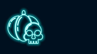 Parlayan neon hattı Balkabağı ve kafatası ikonu siyah arka planda izole edildi. Mutlu Cadılar Bayramı Partisi. 4K Video hareketli grafik canlandırması