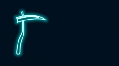 Parlayan neon hattı Scythe simgesi siyah arkaplanda izole edildi. Mutlu Cadılar Bayramı Partisi. 4K Video hareketli grafik canlandırması
