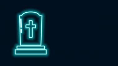 Siyah zemin üzerinde çapraz simge olan parlak neon çizgisi Tombstone. Mezar ikonu. 4K Video hareketli grafik canlandırması