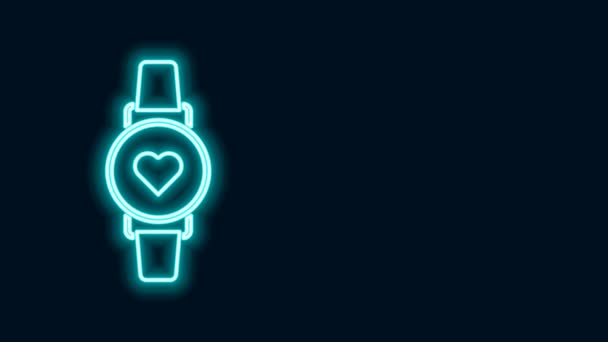 Leuchtende Neon-Line Smart-Uhr, die das Herzschlagsymbol isoliert auf schwarzem Hintergrund zeigt. Fitness App Konzept. 4K Video Motion Grafik Animation — Stockvideo
