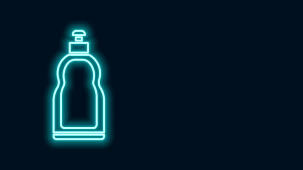 Glowing neon line Plastic bottle for liquid laundry detergent, bleach, dishwashing liquid or another cleaning agent icon isolated on black background. 4K Video motion graphic animation — Stock Video