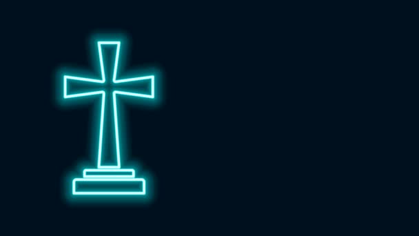 Светящаяся неоновая линия надгробия с крестом на черном фоне. Значок могилы. Видеографическая анимация 4K — стоковое видео