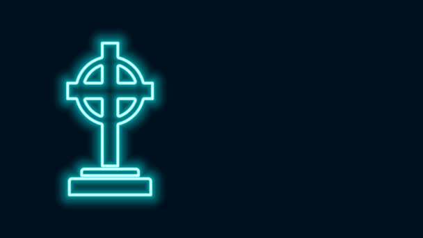 Luminoso neon linea Tombstone con croce icona isolata su sfondo nero. Icona della tomba. Animazione grafica 4K Video motion — Video Stock