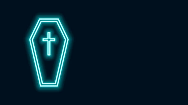 Zářící neonová čára Rakev s ikonou křesťanského kříže izolované na černém pozadí. Šťastný Halloweenský večírek. Grafická animace pohybu videa 4K — Stock video