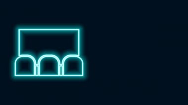 Ekranı ve siyah arka planda izole edilmiş koltuk ikonu olan parlak neon hattı sinema salonu. 4K Video hareketli grafik canlandırması