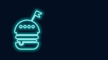 Parlayan neon hattı Burger simgesi siyah arkaplanda izole edildi. Hamburger ikonu. Çizburger sandviç tabelası. Fast food menüsü. 4K Video hareketli grafik canlandırması