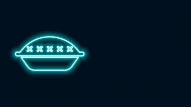 Parlayan neon hattı, siyah arka planda izole edilmiş ev yapımı turta ikonu. 4K Video hareketli grafik canlandırması