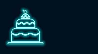 Parlayan neon hattı Kek simgesi siyah arkaplanda izole edildi. Doğum günün kutlu olsun. 4K Video hareketli grafik canlandırması