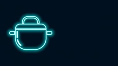 Parlayan neon hattı siyah arka planda izole edilmiş tencere pişirme ikonu. Haşlama ya da güveç besin sembolü. 4K Video hareketli grafik canlandırması