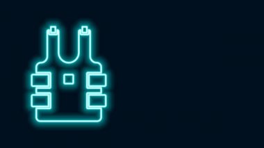 Siyah arka planda izole edilmiş kurşun ikonundan korunmak için parlak neon çizgili kurşun geçirmez yelek. Vücut zırhı işareti. Askeri kıyafetler. 4K Video hareketli grafik canlandırması
