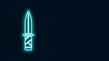 Parlayan neon hattı askeri bıçak ikonu siyah arka planda izole edildi. 4K Video hareketli grafik canlandırması