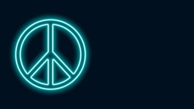 Parlayan neon hattı barış simgesi siyah arkaplanda izole edildi. Hippi barış sembolü. 4K Video hareketli grafik canlandırması