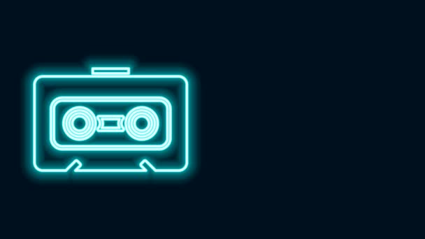 ネオンラインの輝き黒の背景に隔離されたレトロなオーディオカセットテープアイコン。4Kビデオモーショングラフィックアニメーション — ストック動画