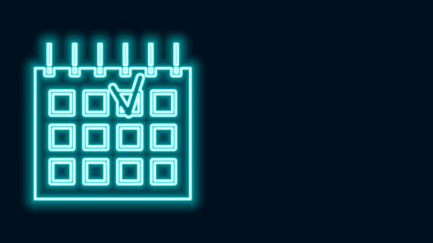 Glödande neon linje Detaljerad kalender ikon isolerad på svart bakgrund. Evenemangskalender 4K Video motion grafisk animation — Stockvideo