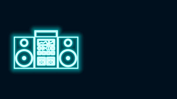 Línea de neón brillante Estéreo casero con dos altavoces icono aislado sobre fondo negro. Sistema de música. Animación gráfica de vídeo 4K — Vídeo de stock