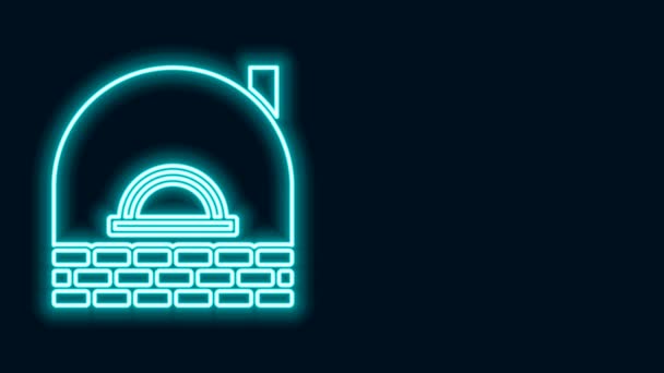 Leuchtende Neon-Linie Backofen-Symbol isoliert auf schwarzem Hintergrund. Ziegelkamin, Steinofen, Steinofen icon.4K Video-Bewegungs-Grafik-Animation — Stockvideo