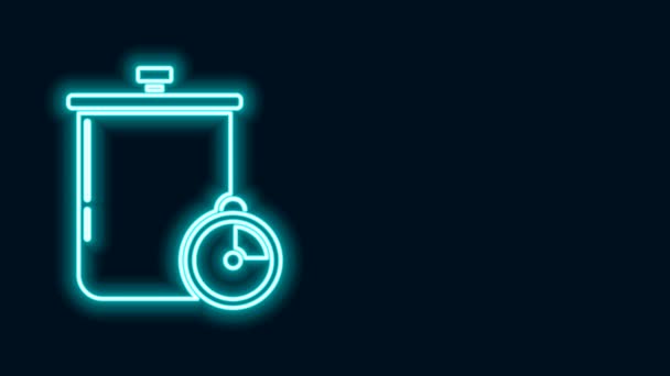 Leuchtende Neon-Linie Kochtopf und Küche Timer-Symbol isoliert auf schwarzem Hintergrund. Kochen oder schmoren Lebensmittel Symbol. 4K Video Motion Grafik Animation — Stockvideo
