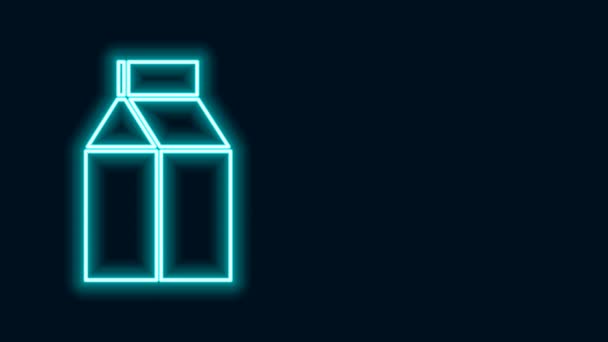 Leuchtende Neon-Linie Papierverpackung für Milch-Symbol isoliert auf schwarzem Hintergrund. Zeichen der Milchverpackung. 4K Video Motion Grafik Animation — Stockvideo