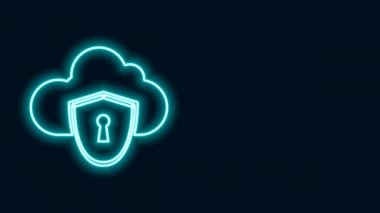 Parlayan neon hattı Bulut ve kalkan simgesi siyah arkaplanda izole edildi. Bulut depolama veri koruması. Güvenlik, güvenlik, koruma, gizlilik kavramı. 4K Video hareketli grafik canlandırması