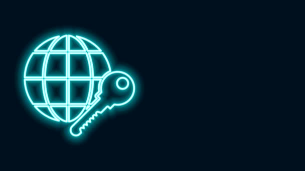 Leuchtendes Neon Line Globe Schlüsselsymbol isoliert auf schwarzem Hintergrund. 4K Video Motion Grafik Animation — Stockvideo
