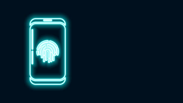 Glödande neon line Smartphone med fingeravtrycksläsare ikon isolerad på svart bakgrund. Begreppet säkerhet, personlig åtkomst via finger på mobiltelefon. 4K Video motion grafisk animation — Stockvideo