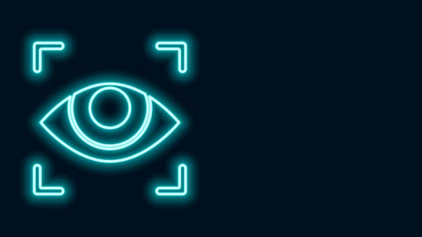 Linha de néon brilhante ícone da varredura do olho isolado no fundo preto. Olho de escaneamento. Símbolo de verificação de segurança. Sinal cibernético. Animação gráfica em movimento de vídeo 4K — Vídeo de Stock