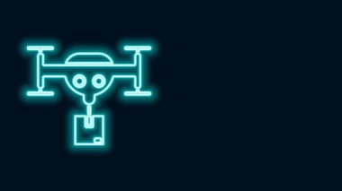 Parlayan neon hattı İHA 'sı paket simgesi siyah arkaplanda izole edildi. Drone karton kutu teslim ediyor. 4K Video hareketli grafik canlandırması
