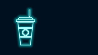 Parlayan neon hattı kahve fincanı simgesi siyah arka planda izole edilmiş. Tek kullanımlık kahve bardağı ve sıcak kahve. 4K Video hareketli grafik canlandırması