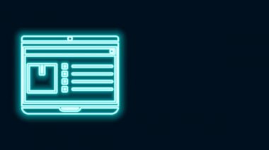 Siyah arkaplanda izole edilmiş uygulama dağıtım ikonu olan parlak neon hattı dizüstü bilgisayarı. Paket takibi. 4K Video hareketli grafik canlandırması