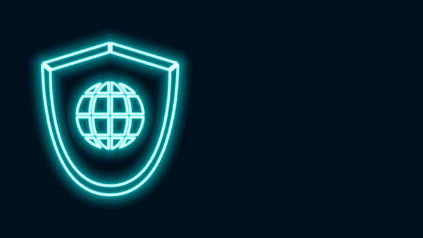 Linea al neon incandescente Scudo con icona del mondo isolato su sfondo nero. Sicurezza, protezione, protezione, privacy. Animazione grafica 4K Video motion — Video Stock