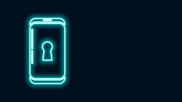 Linea neon luminosa Smartphone con icona di blocco isolata su sfondo nero. Telefono con serratura. Sicurezza mobile, sicurezza, concetto di protezione. Animazione grafica 4K Video motion — Video Stock