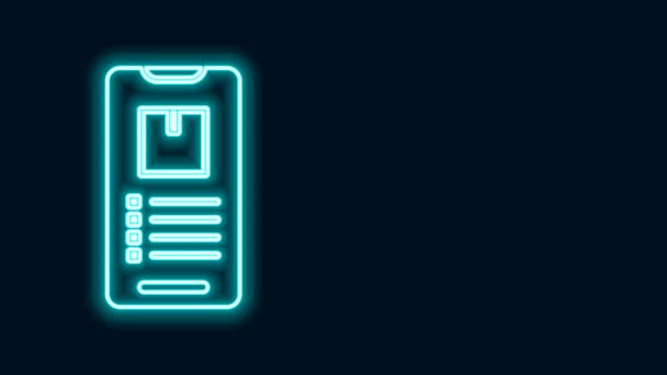 Ragyogó neon vonal Mobil okostelefon app szállítási nyomkövető ikon elszigetelt fekete alapon. Csomagkövetés. 4K Videó mozgás grafikus animáció — Stock videók
