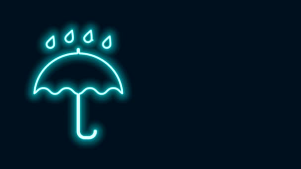 Glödande neon linje Umbrella och regn droppar ikon isolerad på svart bakgrund. Vattentät ikon. Skydd, säkerhet, säkerhetskoncept. Vattentät symbol. 4K Video motion grafisk animation — Stockvideo